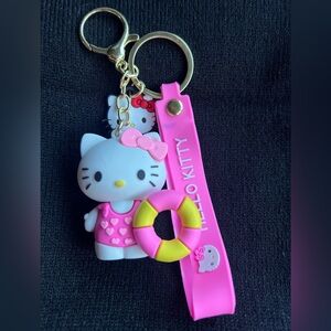 Hello Kitty Pink Red White Coffee Cup Keychain Gold-Tone Charm Wristlet 2 Pcs